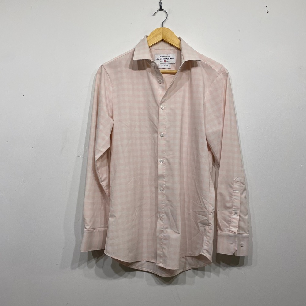 Mizzen Main Leeward Dress Shirt Mens Small Trim Fit Pink Gingham Button Down USA